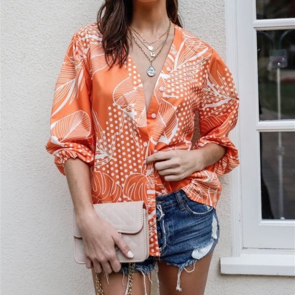 Orange Polka Dot Leaves Print Button Up Detail Balloon Sleeve Top - Picture 1 of 4